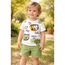 Almira Anne Bebek Erkek Çocuk Kedi Kafa Baskılı Kısa Kollu Şortlu Takım