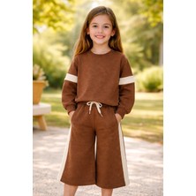 Almira Anne Bebek Kız Çocuk Yanı Şeritli Bol Paçalı Kahverengi Eşofman Takımı