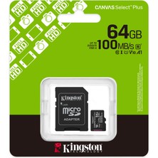 Binbir Göz Bilgisayar Kıngston Canvas Select Plus 64GB Mıcro Sdhc CLASS10 100MB/S Hafıza Kartı SDCS3/64GB