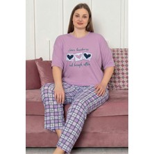 Farya Home Kadın Pamuklu Desenli Kısa Kollu Pijama Takımı Lila Renkli Oversize 2 Parça