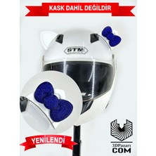 3dpazarıcom Motor & Motosiklet Koyu Mavi Fiyonklu Beyaz Kedi Kulak Kask Dış Aksesuarı