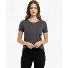 Adisia T-Shirt Bisiklet Yaka Slim Fit Likralı Tişört Günlük Basic Body - Füme