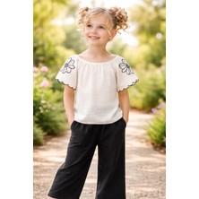 Almira Anne Bebek Kız Çocuk Ekru Geniş Yaka Çiçek Nakışlı Takım