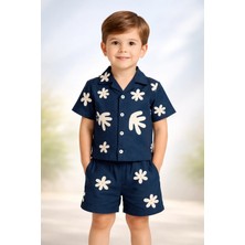 Almira Anne Bebek Bebek Erkek Kısa Kollu Lacivert Takım Yazlık Desenli Gömlekli