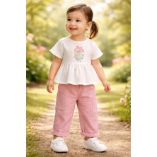 Almira Anne Bebek Kız Çocuk Çiçek Nakışlı Müslin Kumaşlı Gömlek Uzun Bol Paça Pantolon Takım