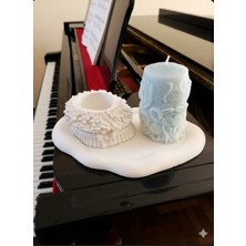 Doğal El Yapımı Dekoratif Mum ve Çiçekli Taş Obje Seti - Pastel Mavi & Beyaz