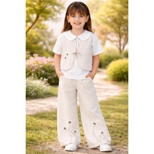 Almira Anne Bebek Kız Çocuk Çiçek Nakışlı Keten Bağcıklı Yelek ve Bol Paça Pantolon Takım