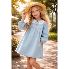 Almira Anne Bebek Kız Çocuk Elbise Yazlık Mavi Dantel Yakalı Düğmeli