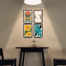 TASARIM ŞEYLER Retro Botanik Serisi: 4’lü Minimalist Modern Çiçek Illüstrasyon Tablo Seti