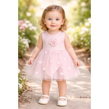 Almira Anne Bebek Kız Bebek Gül Işlemeli Sıkır Kollu Pembe Tüllü Elbise