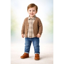 Almira Anne Bebek Mevsimlik Erkek Bebek Takımı Krem Renkli Kot Gömlek ve Hırka Seti