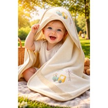 Almira Anne Bebek Yumuşak Pamuklu Bebek Banyo Havlusu Krem Renkli Tren Desenli