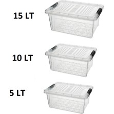 Qs Plastik Depolama Saklama Kutusu Düzenleyici Kilitli Saklama Kabı Seti 5-10-15 Lt Şeffaf