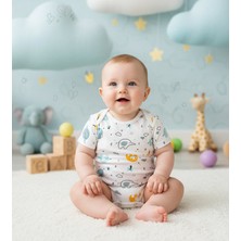 Sedirli Beyaz Kısa Kol Filli Ayı Baskılı Bebek Zıbın Bisiklet Yaka Unisex Body %100 Pamuk