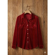 Drgy Kadın Uzun Kollu Yakalı Önden Düğmeli Cep Detaylı Kadife Gömlek