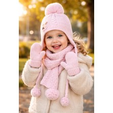 Almira Anne Bebek Bebek Yünlü Atkı Bere Eldiven Seti Pembe Renkli Güvenilir ve Rahat Giyim