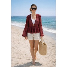 U&me Kadın Önden Bağlamalı Fırfır Detaylı Katlı Volanlı Tül Plaj Gömleği Şık Transparan Kadın Bluz Bordo