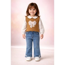 Almira Anne Bebek Kız Bebek Için Krem Renkli Takım Seti Yumuşak Triko ve Kot