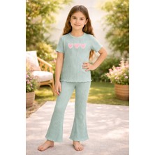 Almira Anne Bebek Kız Çocuk Kalp Baskılı Mint Yeşili Fitilli Kısa Kollu Takım