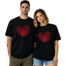 Kidilia Parmak Izi Kalp Görselli Unisex Bisiklet Yaka Tasarım Tshirt - Beden: Lrenk: Siyah