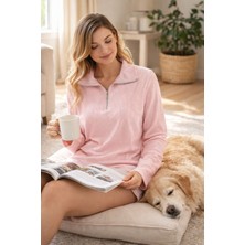 U&me Yarım Fermuar Dik Yakalı Fitil Dokulu Yumuşak Triko Kadın Sweatshirt Şık ve Rahat Günlük Üst Toz Pembe
