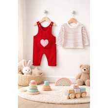 Bobby Kız Bebek Kalp Cepli Kadife Salopet Takımçizgili Body 2!li Takım