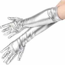 Nuveden Gümüş Renk Dirsek Altı Lüks Saten Eldiven 40 cm DIE-RSTG34