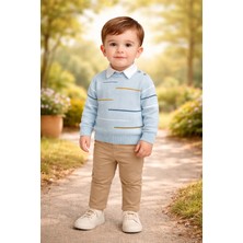 Almira Anne Bebek Erkek Çocuk Çizgi Detaylı Mavi Takım 3 Parça Yazlık Set