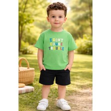 Almira Anne Bebek Erkek Çocuk I Dont Couse Trouble Yazılı Yeşil Kısa Kollu Tişört ve Şort Takımı