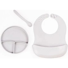 Eco Lounge Gri 3’lü Silikon Yemek Seti – Önlük + Diş Kaşıyıcılı Kaşık + Vakumlu Tabak