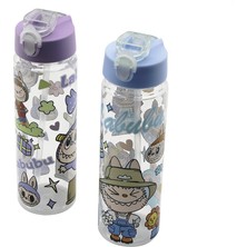 Selfbuysell Labubu Çocuk Çizgi Film Karakter Resimli Su Matarası Şeffaf Plastik Pipetli Kilitli Kapak (5324)