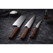 Qarqa Şahmaran Bıçak Seti – Doğal Kök Ceviz Saplı Profesyonel Mutfak Bıçakları | J2-4028 Paslanmaz Çelik (3’lü Set)