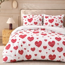 More Home  Çift Kişilik Yorgan Kılıfı + Yastık Kılıfı (Çarşafsız) Kalp Desen Beyaz Kırmızı