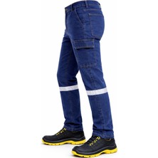 Önlem Iş | Likralı Lacivert Denim Reflektörlü Iş Pantolonu – Kargo ve Kumpas Cepli Dayanıklı Işçi Pantolonu