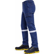 Önlem İş | Likralı Lacivert Denim Reflektörlü Iş Pantolonu – Kargo ve Kumpas Cepli Dayanıklı Işçi Pantolonu