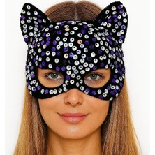 Selfbuysell Siyah Kadife Kumaş Üzerine Mor Beyaz Payetli Pullu Parti Maskesi 16X14 cm