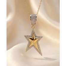 Takı Deryası Kadın Altın Renk Paslanmaz Çelik Yıldız Taşlı Parlak  Kolye 45 cm Zincirli Hediye Seçeneği