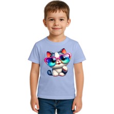 Sedirli Unisex Cat Baskılı Çocuk Tişört Pamuklu Penye Kumaş