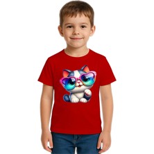 Sedirli Unisex Cat Baskılı Çocuk Tişört Pamuklu Penye Kumaş