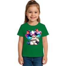 Sedirli Unisex Cat Baskılı Çocuk Tişört Pamuklu Penye Kumaş
