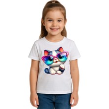 Sedirli Unisex Cat Baskılı Çocuk Tişört Pamuklu Penye Kumaş