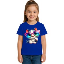 Sedirli Unisex Cat Baskılı Çocuk Tişört Pamuklu Penye Kumaş