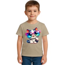 Sedirli Unisex Cat Baskılı Çocuk Tişört Pamuklu Penye Kumaş