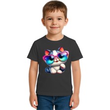 Sedirli Unisex Cat Baskılı Çocuk Tişört Pamuklu Penye Kumaş