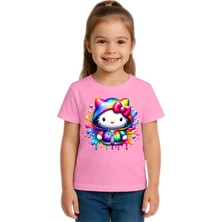 Sedirli Unisex Hello Kity Baskılı Çocuk Tişört Pamuklu Penye Kumaş