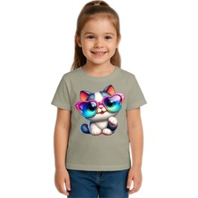 Sedirli Unisex Cat Baskılı Çocuk Tişört Pamuklu Penye Kumaş