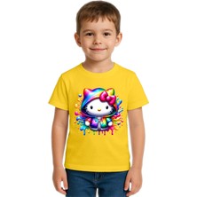 Sedirli Unisex Hello Kity Baskılı Çocuk Tişört Pamuklu Penye Kumaş