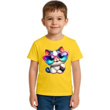 Sedirli Unisex Cat Baskılı Çocuk Tişört Pamuklu Penye Kumaş