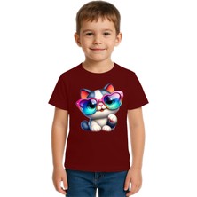 Sedirli Unisex Cat Baskılı Çocuk Tişört Pamuklu Penye Kumaş