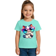 Sedirli Unisex Cat Baskılı Çocuk Tişört Pamuklu Penye Kumaş